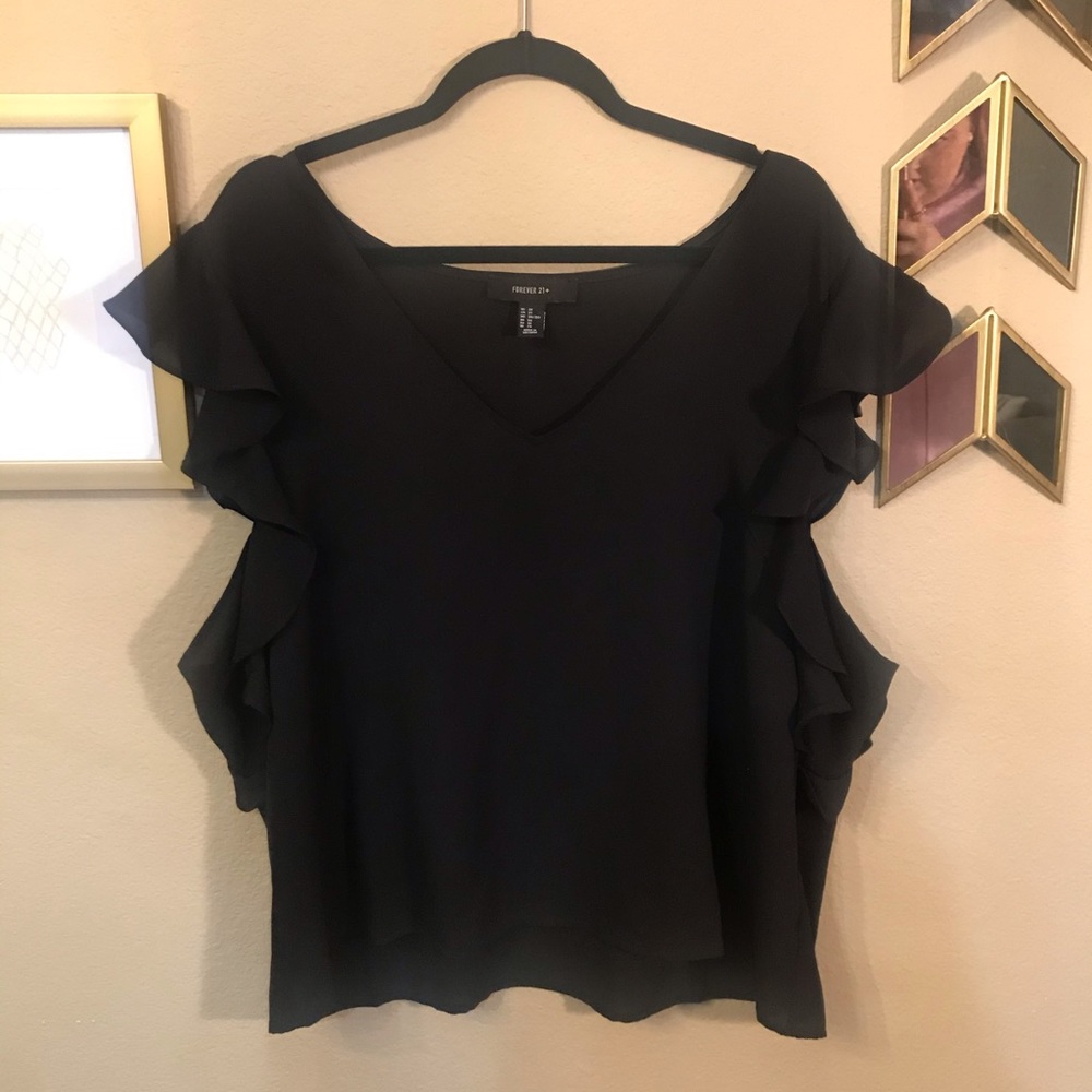 Black chiffon V-neck blouse with flutter sleeve